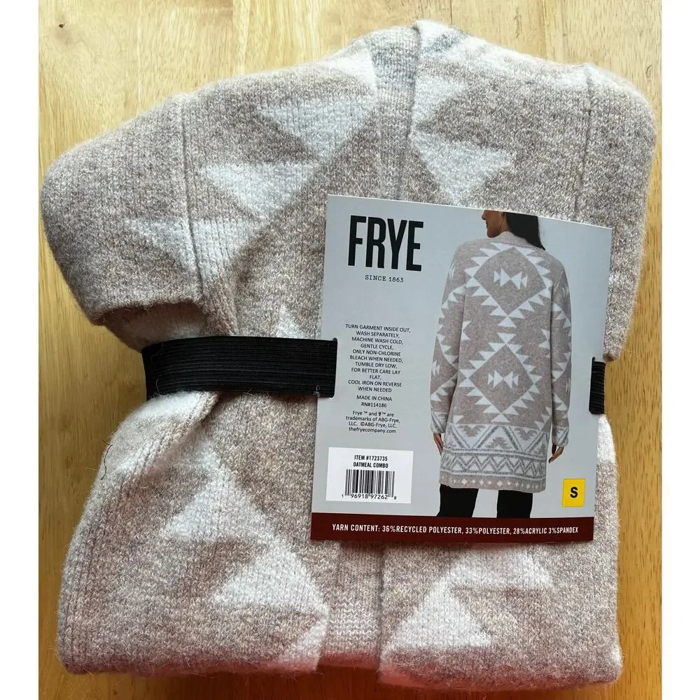 Frye Cozy Cardigan Southwestern Aztec Print Open Front NWT Tan White